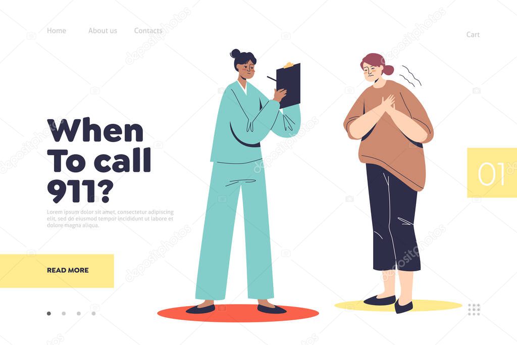 Call 911 landing page concept with woman having heart attack and chest pain and doctor cardiologist