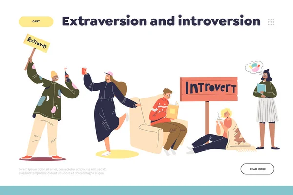 Conceito de extraversão e introversão de landing page com pessoas extravertidas e introvertidas — Vetor de Stock