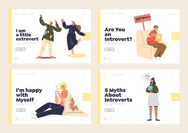 Set of landing pages with extroverts and introverts types of relaxation and rest — Vector de stock