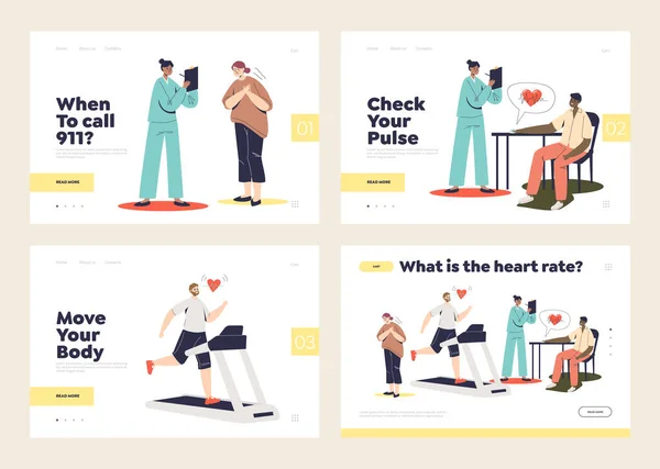 Set di landing page con battito cardiaco, malattie cardiache, attacco e battito cardiaco — Vettoriale Stock