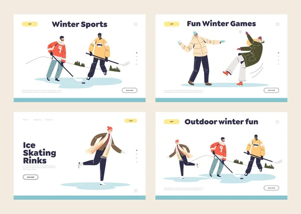 Winter activities concept of set of template landing pages: hockey, skating, snowballs — Stock Illustration Winter activities concept of set of template landing pages: hockey, skating, snowballs Stock Vector