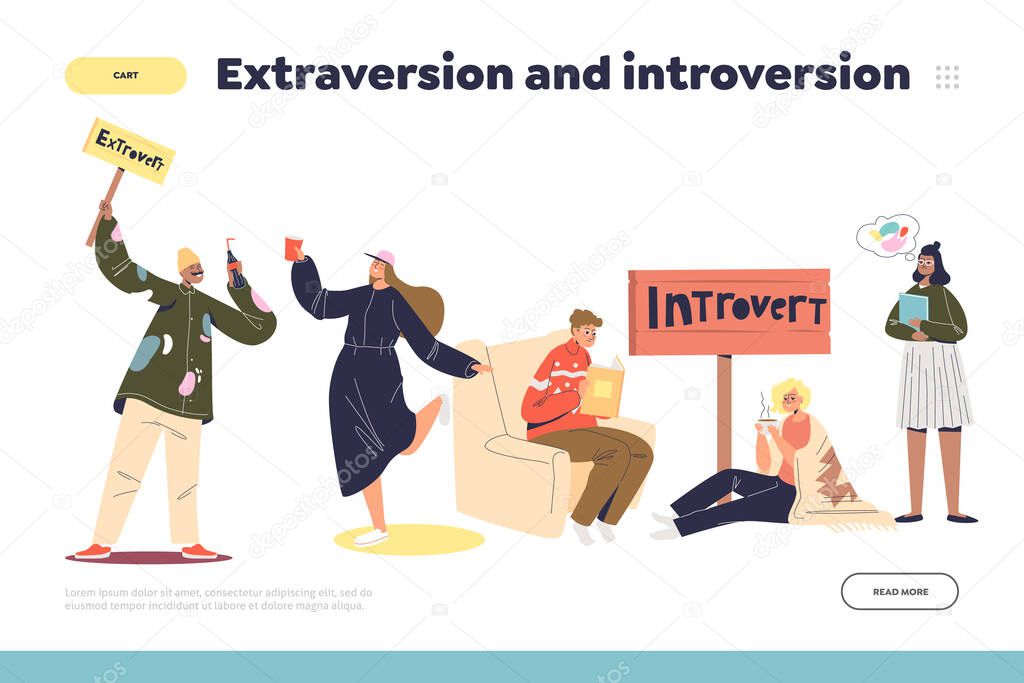 Extraversion and introversion concept of landing page with people extraverts and introverts