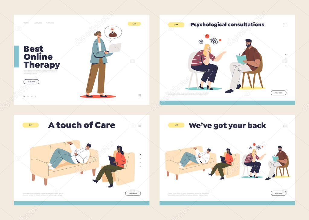 Set of landing pages with psychologist consultation concept, psychotherapist listening to patients