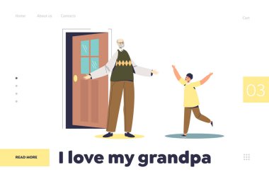 Büyükbaba iniş sayfası konseptini seviyorum. Mutlu küçük çocuk büyükbabasına sarılmak için koşuyor.