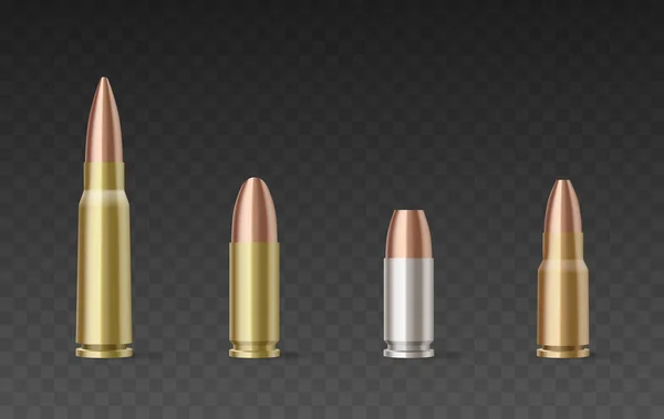 Bullets of different calibers and materials isolated on transparent background — Stock Vector