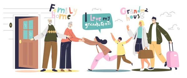 Besuch bei den Großeltern. glückliche kleine Kinder und Eltern zu Besuch bei Großmutter und Großvater — Stockvektor