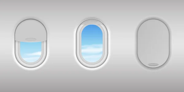 Realistyczne szczegółowe okno 3d samolotu z zestawem Blue Sky View. Dziura z otwartym i zamkniętym szkłem — Wektor stockowy
