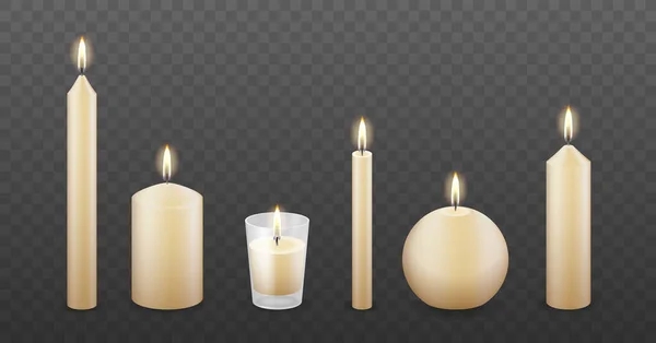 Set of realistic burning festive candles of different shapes and sizes with fire and flame — Stock Vector