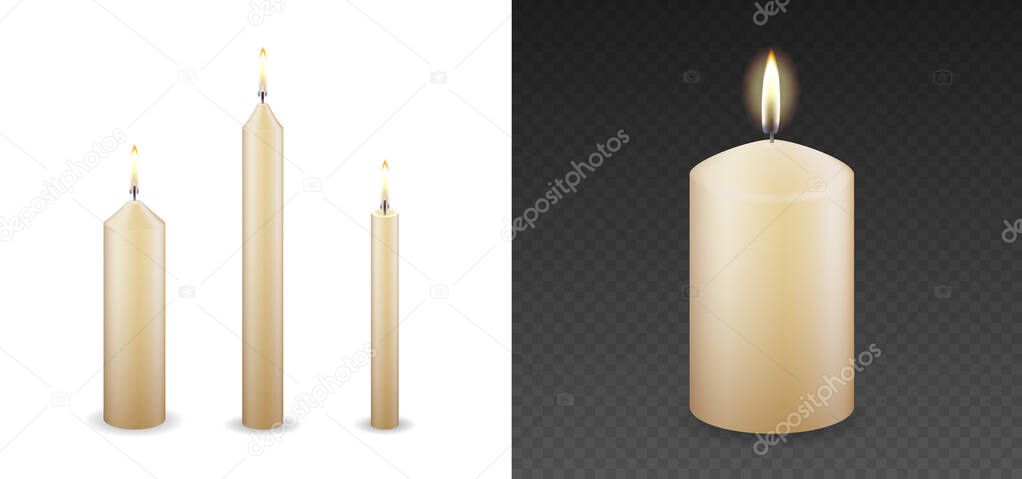 Candles flames set 3D realistic isolated burning on vector transparent or white background