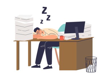 Ofis masasında uyuyan yorgun işçi. Erkek müdür yorgun ve çok çalışıyor.