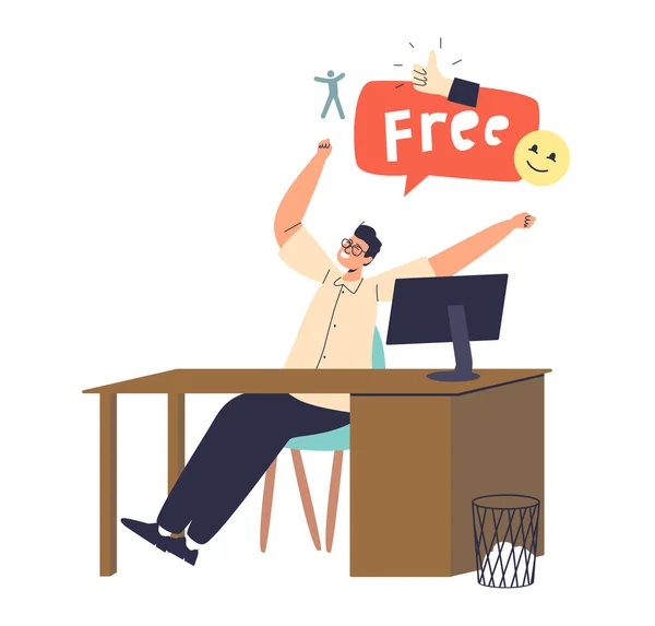 Happy male office worker cheering at workplace. Friday and weekend concept — Stock Vector