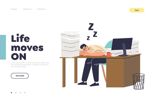 Concepto de vida y trabajo de landing page con trabajador cansado durmiendo en el escritorio de la oficina — Vector de stock