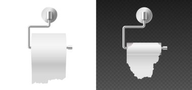 Roll of white toilet paper hanging on chrome toilet roll holder isolated clipart