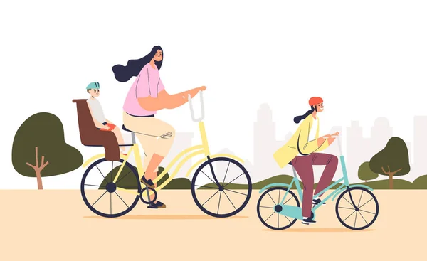 Мати катається на велосипеді разом з двома дітьми. Молода жінка їде на велосипеді разом з дочкою і сином — стоковий вектор