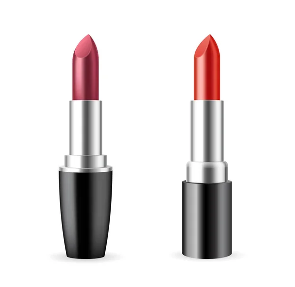 Lippenstift-Attrappe. Rosa und rote Lippenkosmetik mit schwarzer Kappe auf weißem Hintergrund — Stockvektor