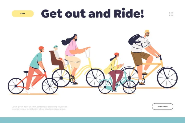 Familierit concept van de landing page met ouders en kinderen samen fietsen in het park — Stockvector