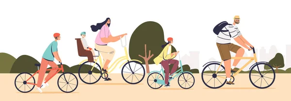 Stor familj rider cyklar tillsammans. Unga föräldrar med barn cykling i parken — Stock vektor
