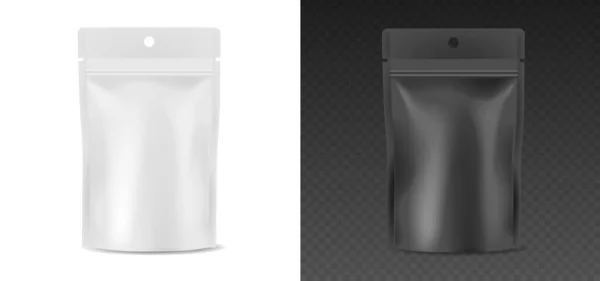 Diseño realista del paquete zip. Bolsita de plástico blanco y negro. Plantilla de maqueta en blanco aislada — Vector de stock