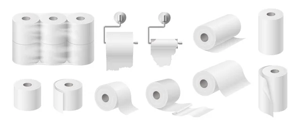 Set aus weißem Toilettenpapier und Küchentüchern Schläuche Mockup isoliert auf weißem Hintergrund — Stockvektor