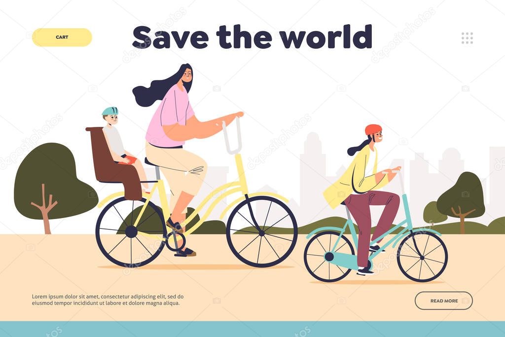 Ride bike to save world concept of landing page with mother cycling together with two kids