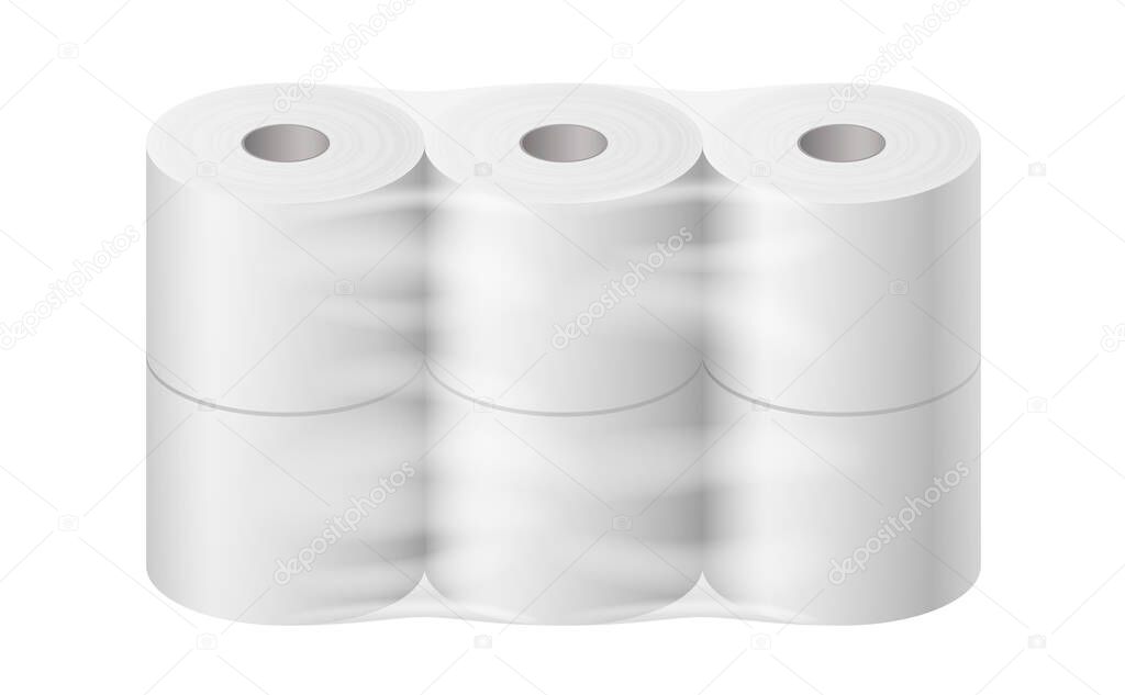 Toilet paper pack realistic. White mock up with transparent wrapping template for branding