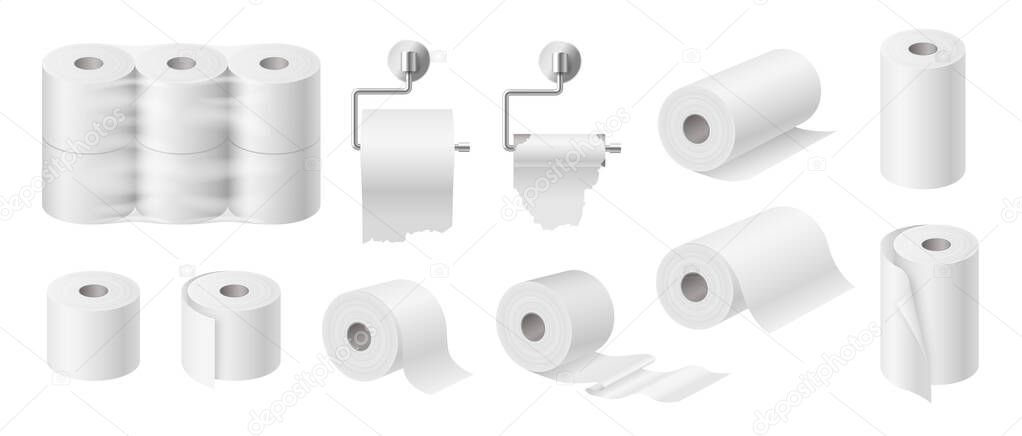 Set of white toilet paper and kitchen towels tubes mockup isolated on white background