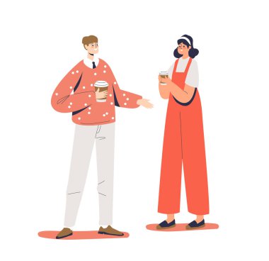 Young couple holding coffee to go in paper disposable cups. Cartoon man and woman on break vector Young couple holding coffee to go in paper disposable cups. Cartoon man and woman on break vector