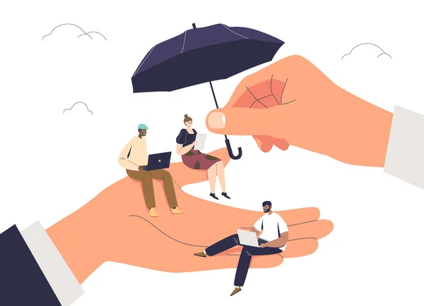 고용주의 거대 한 손에, 고용인을 돌보는 개념이 들어 있는 보호 우산 아래있는 작은 근로자들 — 스톡 벡터