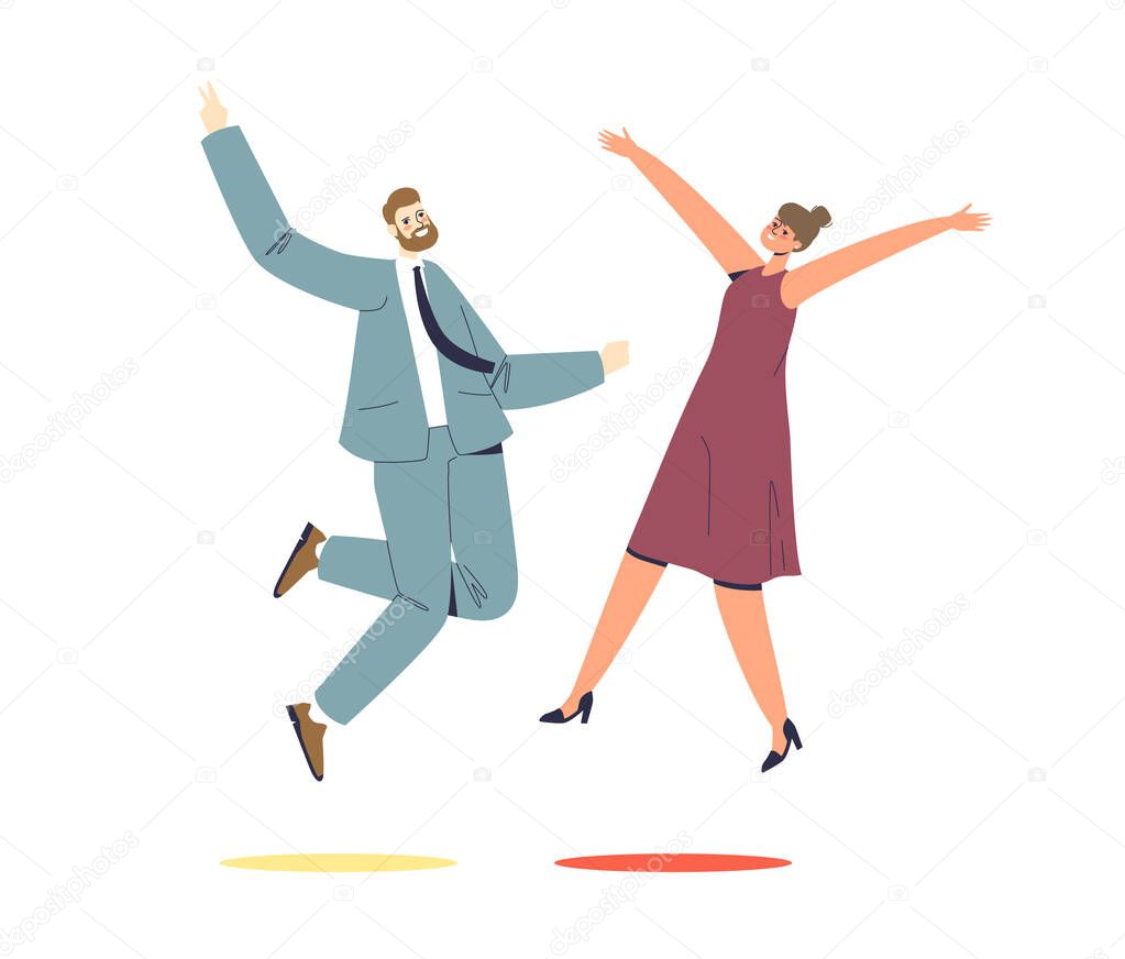 Businessman and businesswoman jumping with happiness celebrating victory or business success