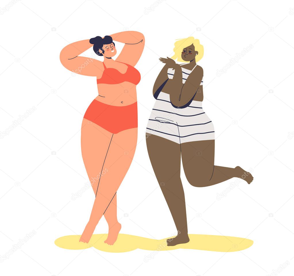 Happy plus size diverse female cartoon characters in lingerie. Body positive movement concept