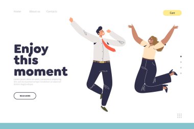 Mutlu iş adamlarıyla iniş sayfası konseptinin tadını çıkar. Komik atlayış.