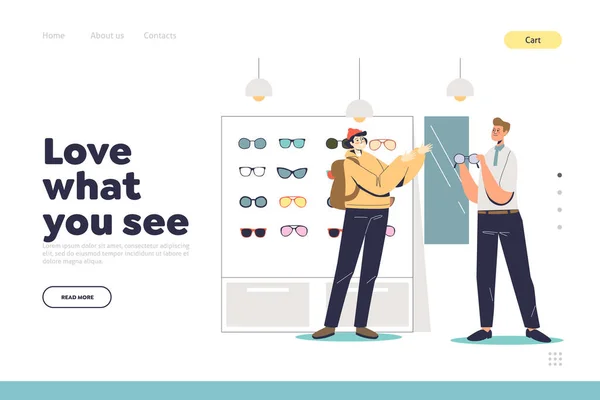 Vista e occhiali concetto di pagina di destinazione con l'uomo hipster nel negozio di ottica acquistare occhiali da vista — Vettoriale Stock