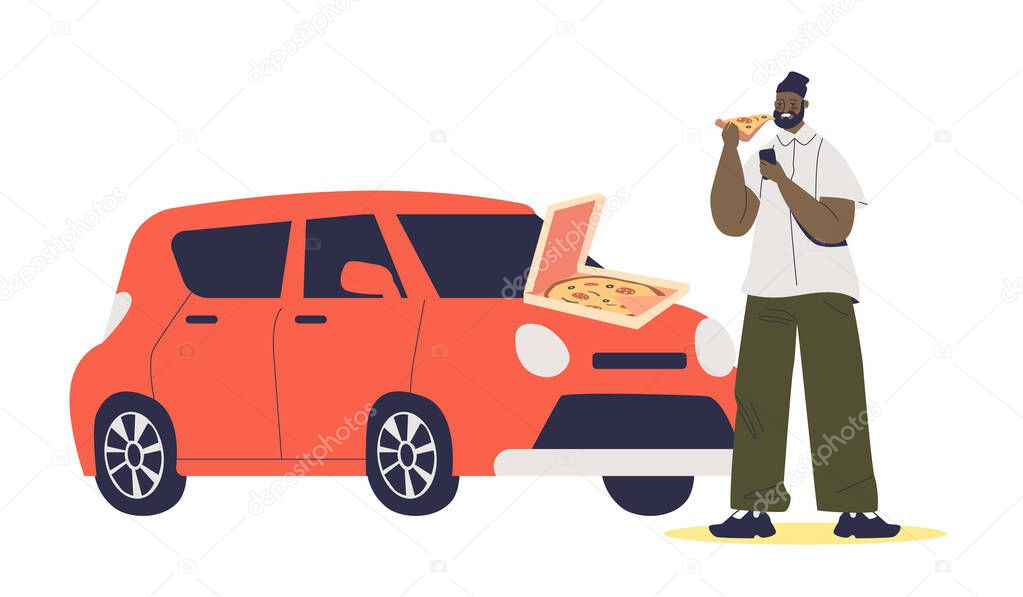 Man eating pizza at car hood. Cartoon guy order takeaway pizza for eating outdoors