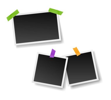 Beyaz arkaplanda izole edilmiş yapışkan bantlı klasik fotoğraf çerçevesi