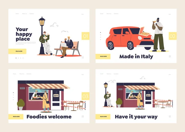 Set von Landing Pages mit Essen zum Mitnehmen und Lieferkonzept und Zeichentrickfiguren beim Essen im Freien — Stockvektor