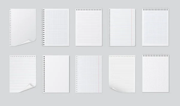 Cadernos realistas. Página de encadernação forrada, quadriculada e papel para almofadas de memória — Vetor de Stock