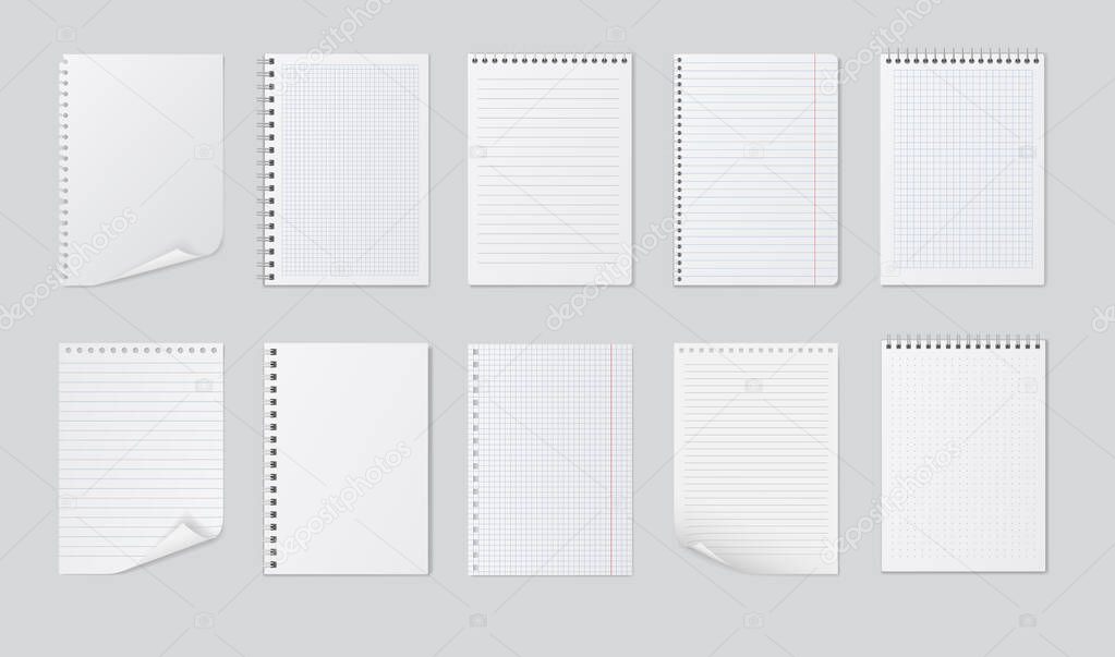 Realistic notebooks sheets. Lined, checkered and paper binder page for memo pads