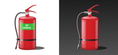 Islak kimyasallar üzerinde çalışan gerçekçi kırmızı yangın söndürücü. Taşınabilir söndürme şablonu modeli izole edildi