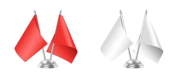 Banderas de mesa realistas maqueta, banderas de plantilla rojas y blancas para escritorio de oficina aislado — Archivo Imágenes Vectoriales