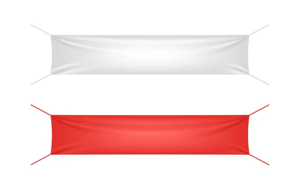 Biało-czerwony sztandar tekstylny ze składanymi szablonami. Bawełna i płótno, pusta flaga do reklamy — Wektor stockowy