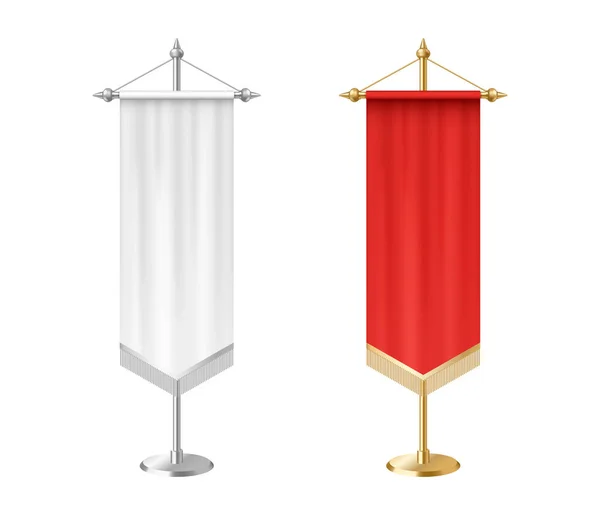 Banderines verticales blancos y rojos en blanco con flecos de borla en pedestal de aguja de acero — Vector de stock