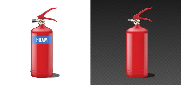Realisztikus vörös hab tűzoltó készülék. Hordozható tűzoltó készülék címkével és üres — Stock Vector