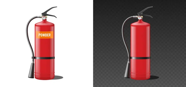 Extintor rojo realista que trabaja en polvo seco. Plantilla extintor maqueta aislada — Vector de stock