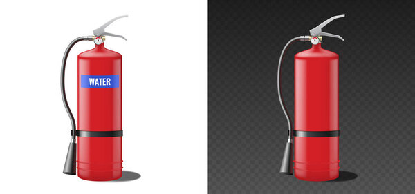 Realistic red fire water extinguisher with nozzle. Portable fire extinguishing equipment