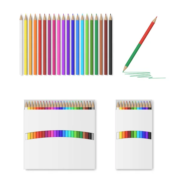 Färgade pennor inställda. Realistisk låda med färgglada pennor isolerade på vit bakgrund — Stock vektor