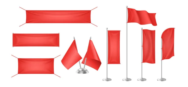 Czerwone flagi tekstylne banery ze składanymi szablonami. Izolowana makieta reklamowa — Wektor stockowy