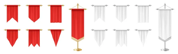 Bandera de banderín grande. Plantilla de banderines verticales vacíos rojos y blancos maqueta — Vector de stock