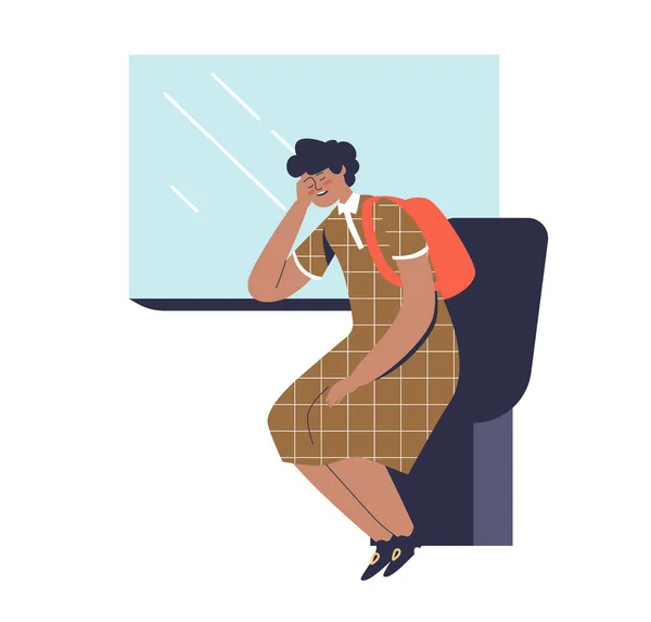 La donna dorme seduta al suo posto vicino al finestrino mentre viaggia in treno. Passeggero donna stanco — Vettoriale Stock