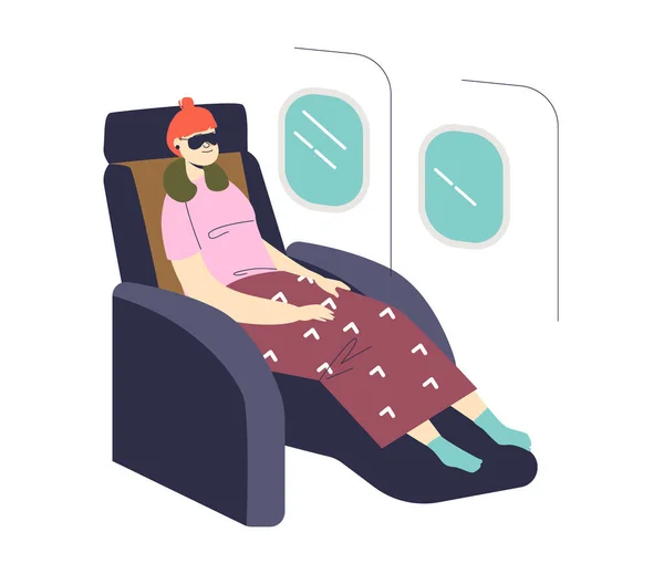 Kvinnan sover medan hon reser med flyg. Kvinnlig tecknad sitta i stol avslappnad i flygplan business class — Stock vektor