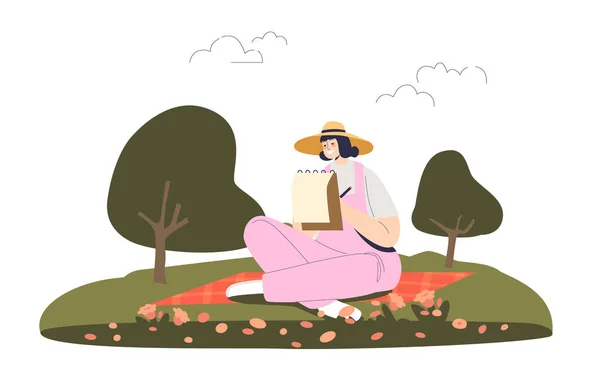 Девушка рисует сидя на траве в парке. Художница на пленэре рисует на свежем воздухе — стоковый вектор